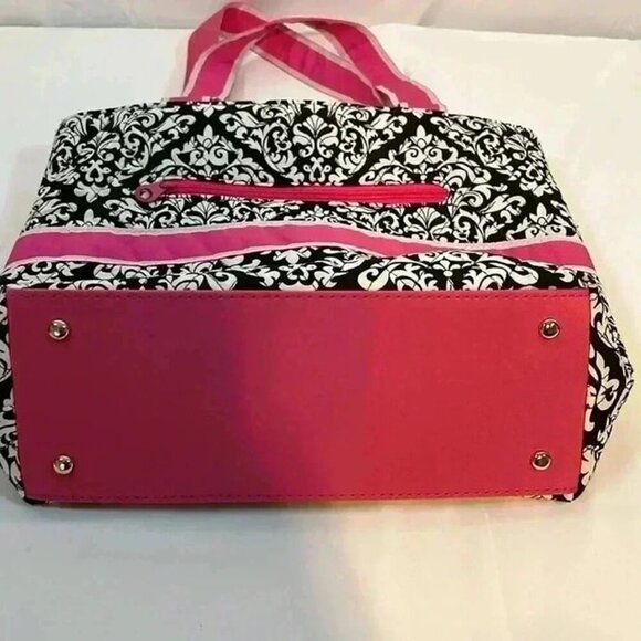 EVER MODA PINK BLACK WHITE QUILTED PURSE TOTE POCKETS BOW - Picture 3 of 7